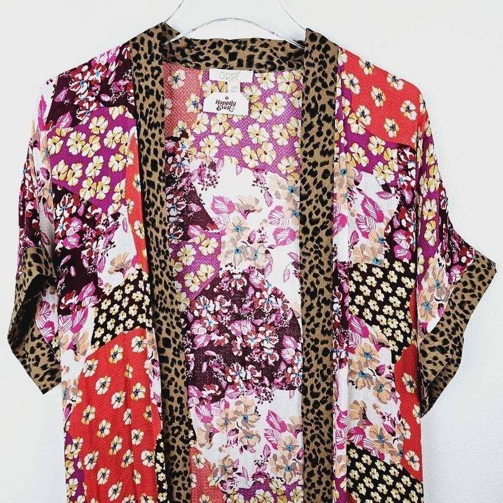 Oddy Mixed Media Patchwork Floral Leopard Print Fringe Kimono, size S/M - Picture 4 of 12